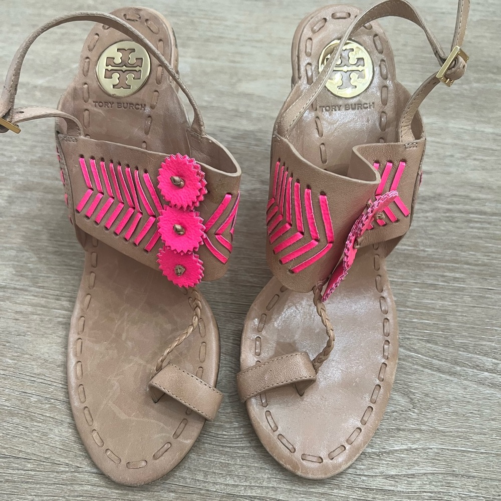 Tory Burch tan and pink leather sandals size 8.5